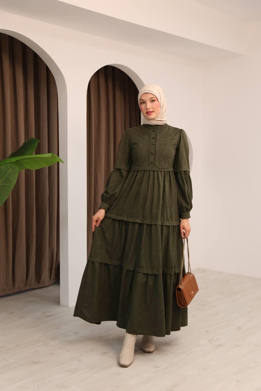 7069 Kat Etekli Elbise - Haki 