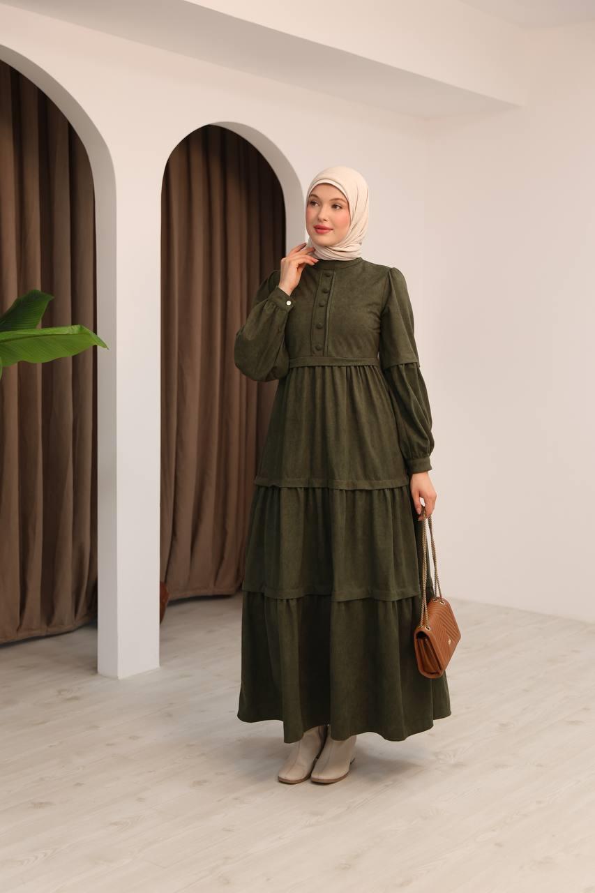 7069 Kat Etekli Elbise - Haki 
