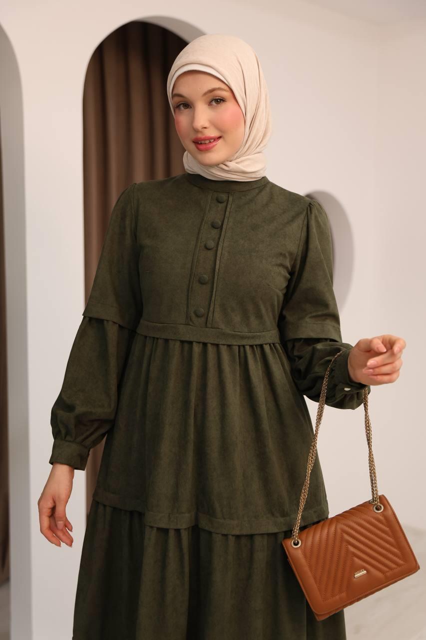 7069 Kat Etekli Elbise - Haki 
