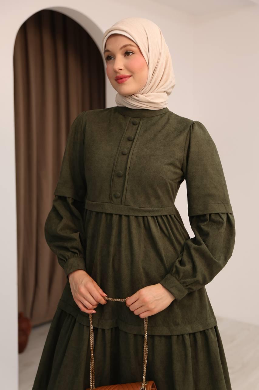 7069 Kat Etekli Elbise - Haki 