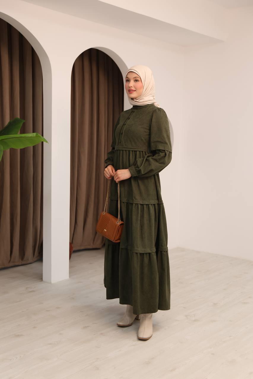7069 Kat Etekli Elbise - Haki 