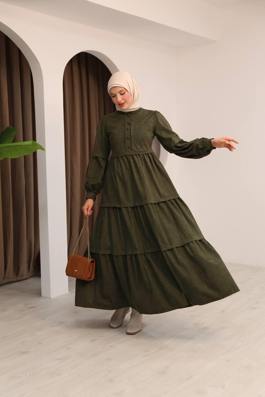 7069 Kat Etekli Elbise - Haki 