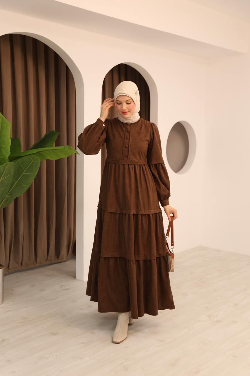 7069 Kat Etekli Elbise - Kahverengi 