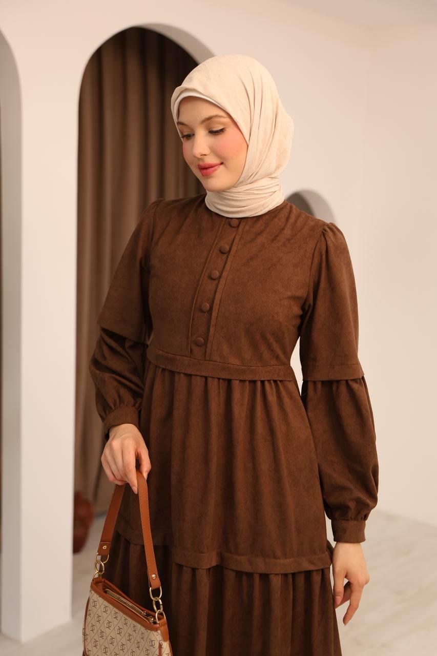 7069 Kat Etekli Elbise - Kahverengi 