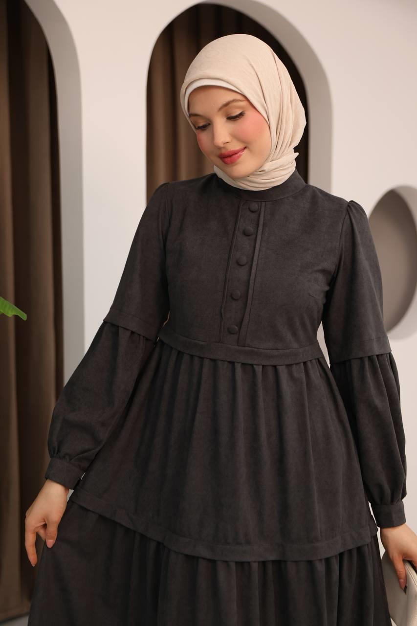 7069 Kat Etekli Elbise - Koyu Gri 