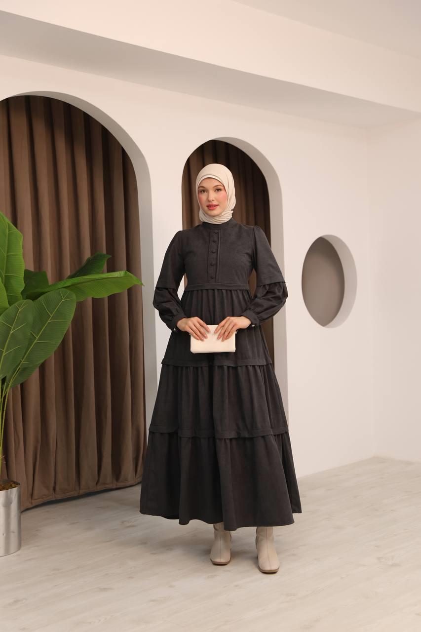 7069 Kat Etekli Elbise - Koyu Gri 