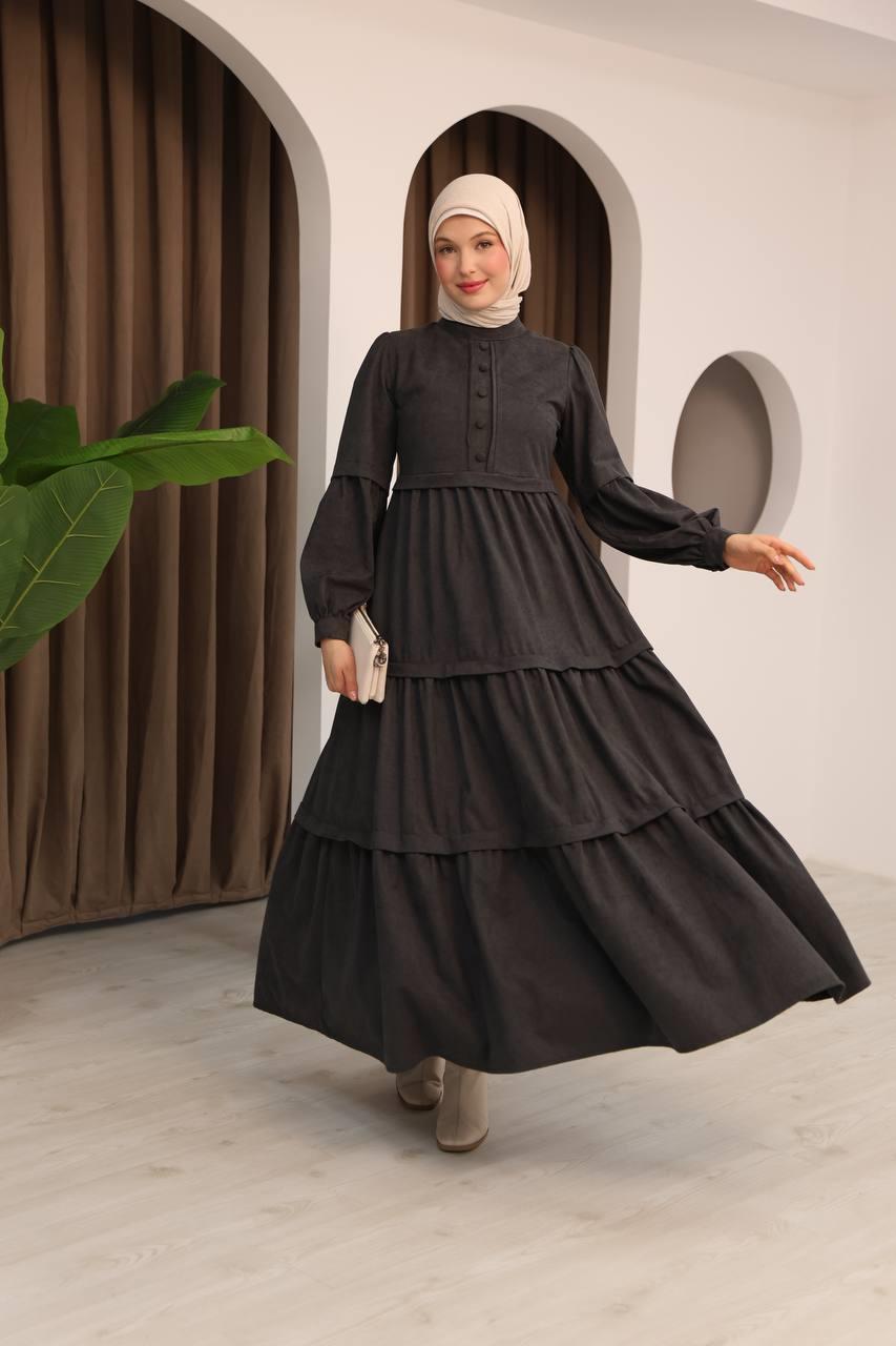 7069 Kat Etekli Elbise - Koyu Gri 