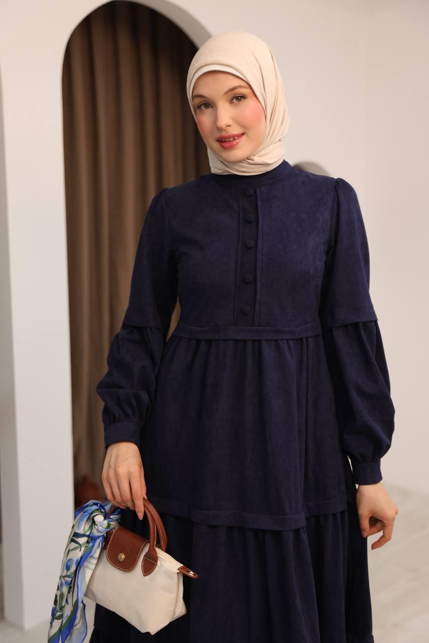 7069 Kat Etekli Elbise - Lacivert 