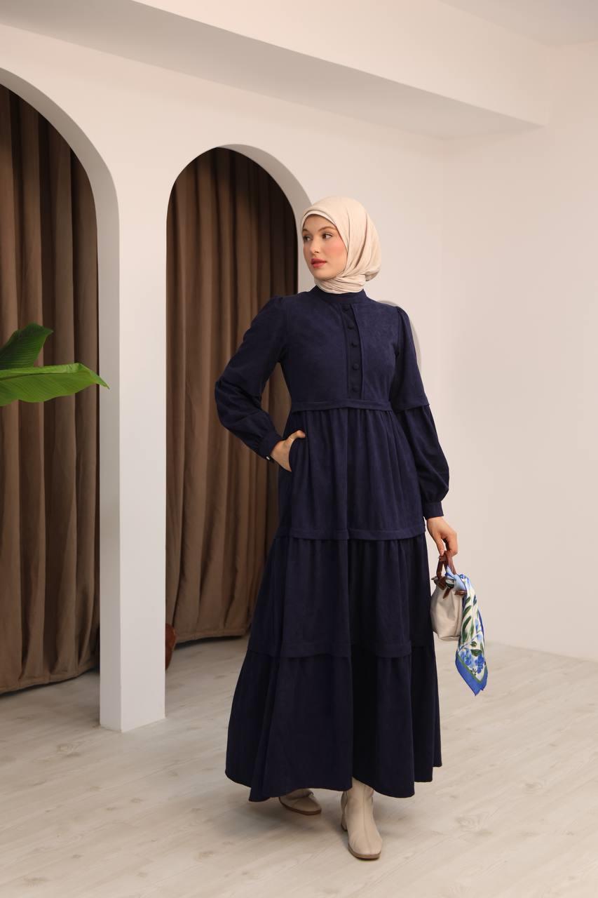 7069 Kat Etekli Elbise - Lacivert 