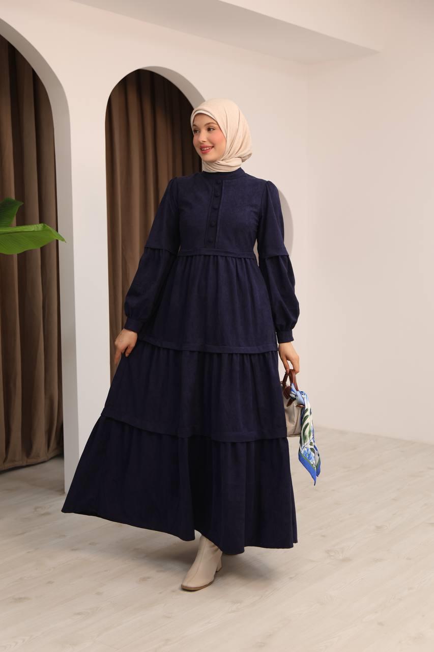 7069 Kat Etekli Elbise - Lacivert 