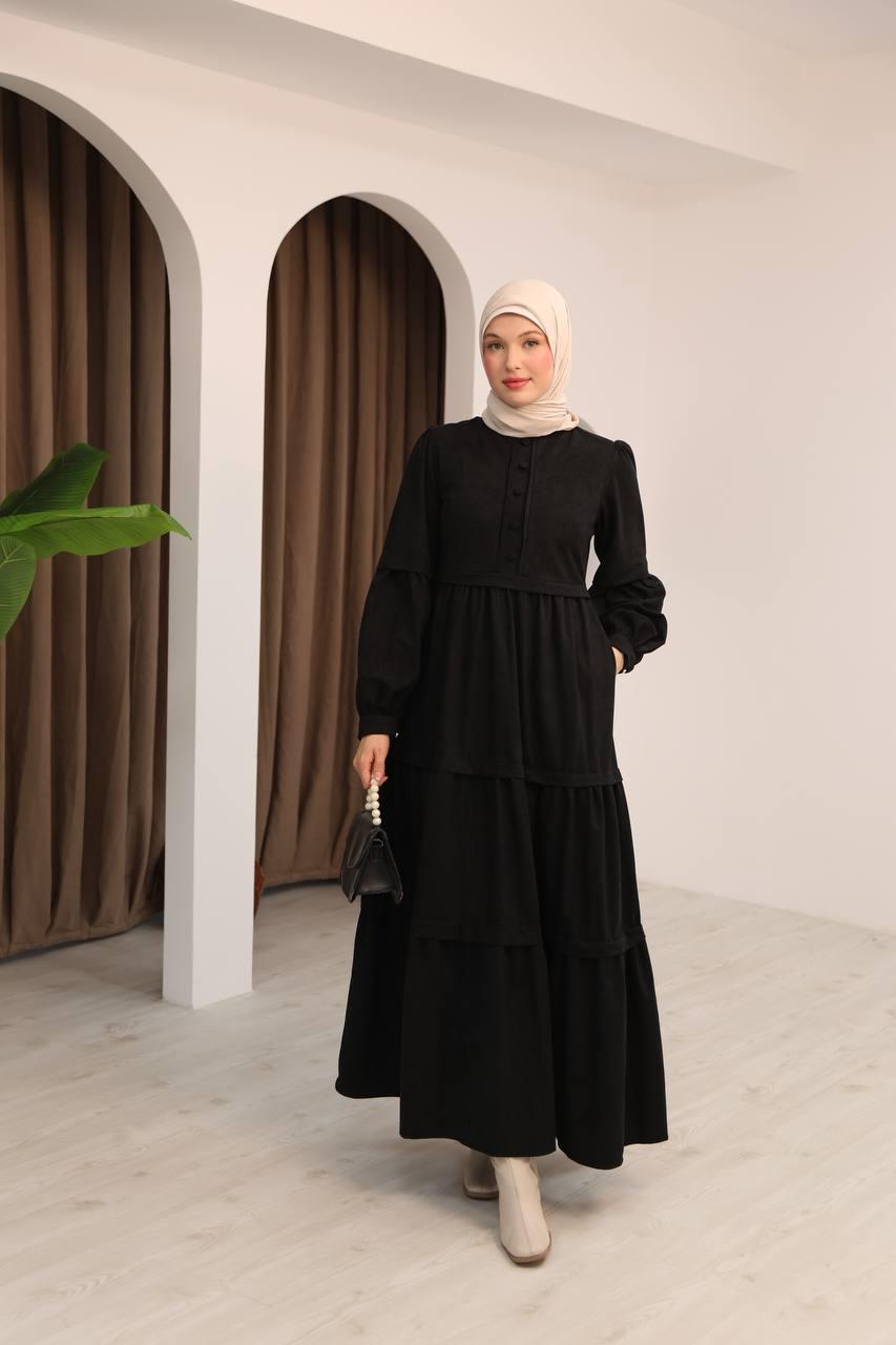 7069 Kat Etekli Elbise - Siyah 