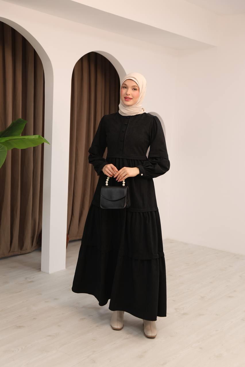 7069 Kat Etekli Elbise - Siyah 