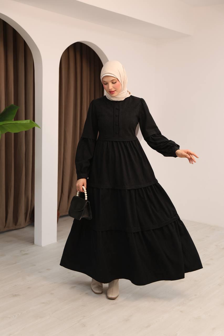 7069 Kat Etekli Elbise - Siyah 