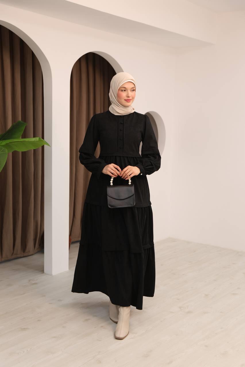7069 Kat Etekli Elbise - Siyah 