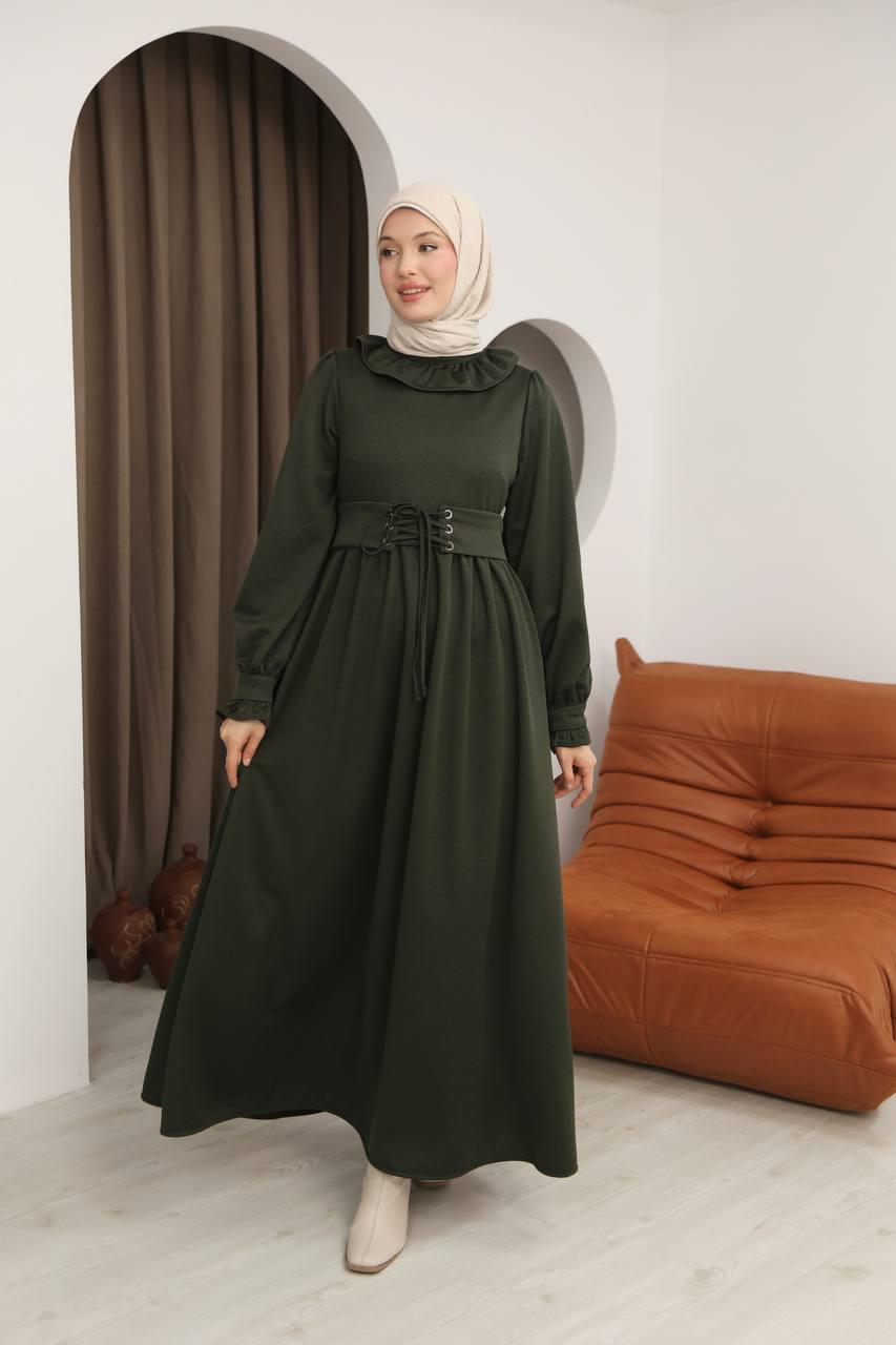 7070 Korse kemerli elbise - Haki