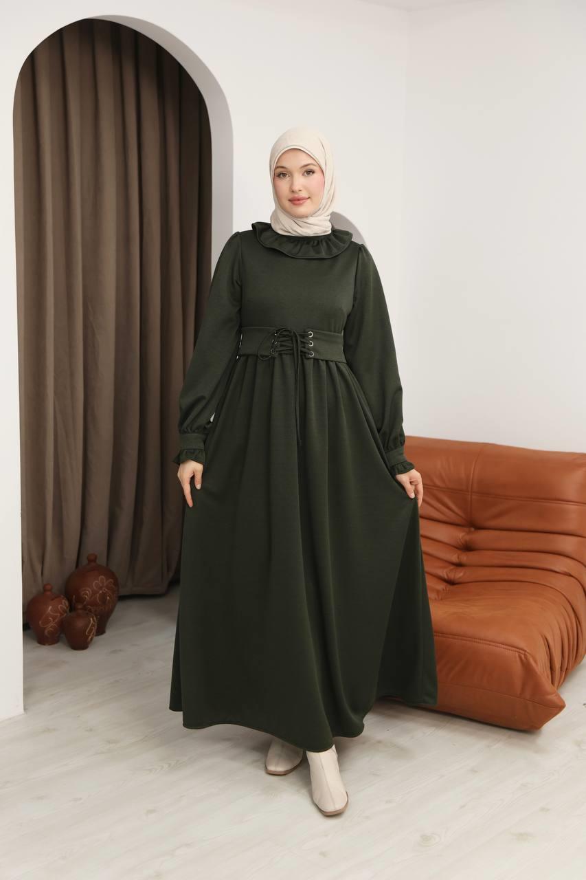 7070 Korse kemerli elbise - Haki