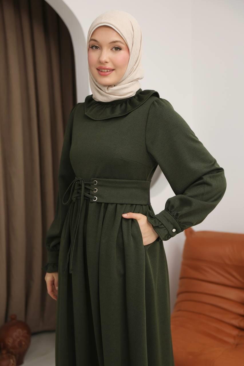 7070 Korse kemerli elbise - Haki