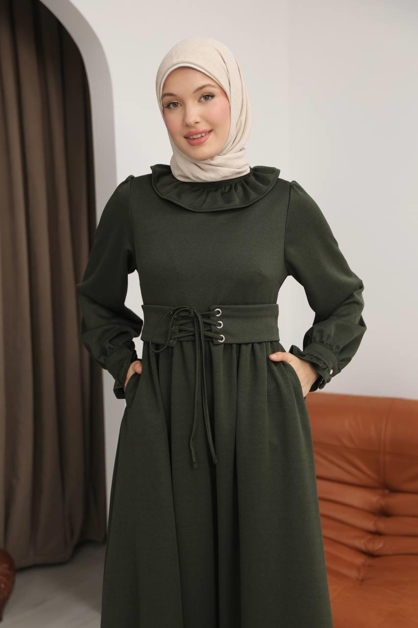 7070 Korse kemerli elbise - Haki