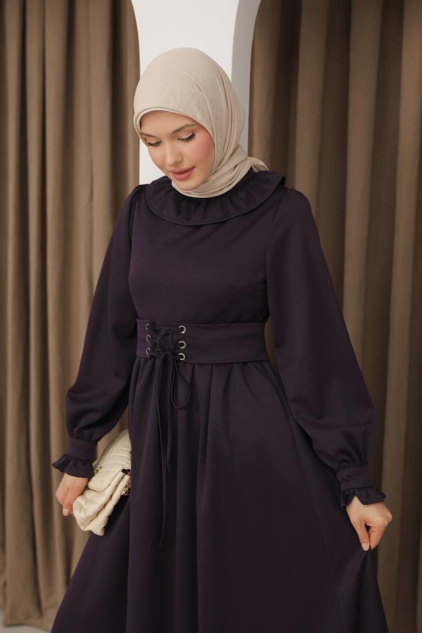 7070 Korse kemerli elbise - Mürdüm