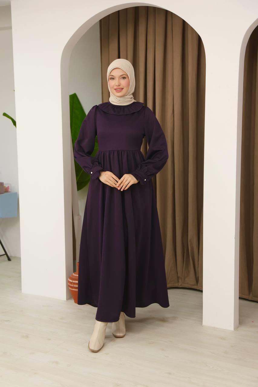 7070 Korse kemerli elbise - Mürdüm