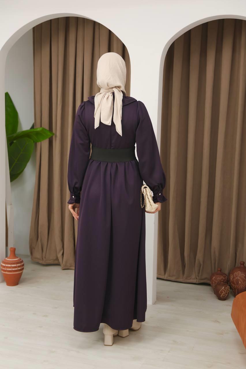 7070 Korse kemerli elbise - Mürdüm