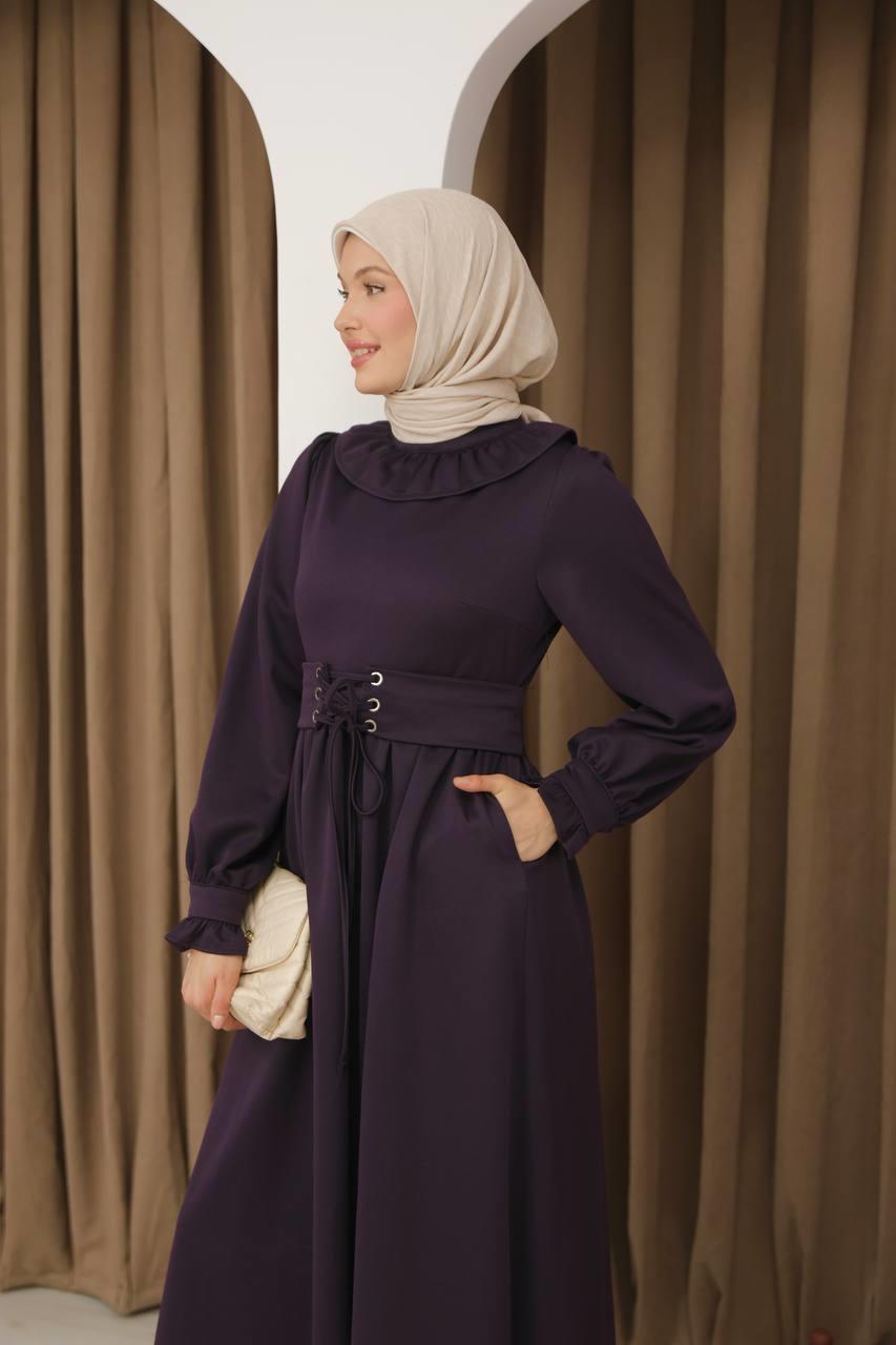 7070 Korse kemerli elbise - Mürdüm