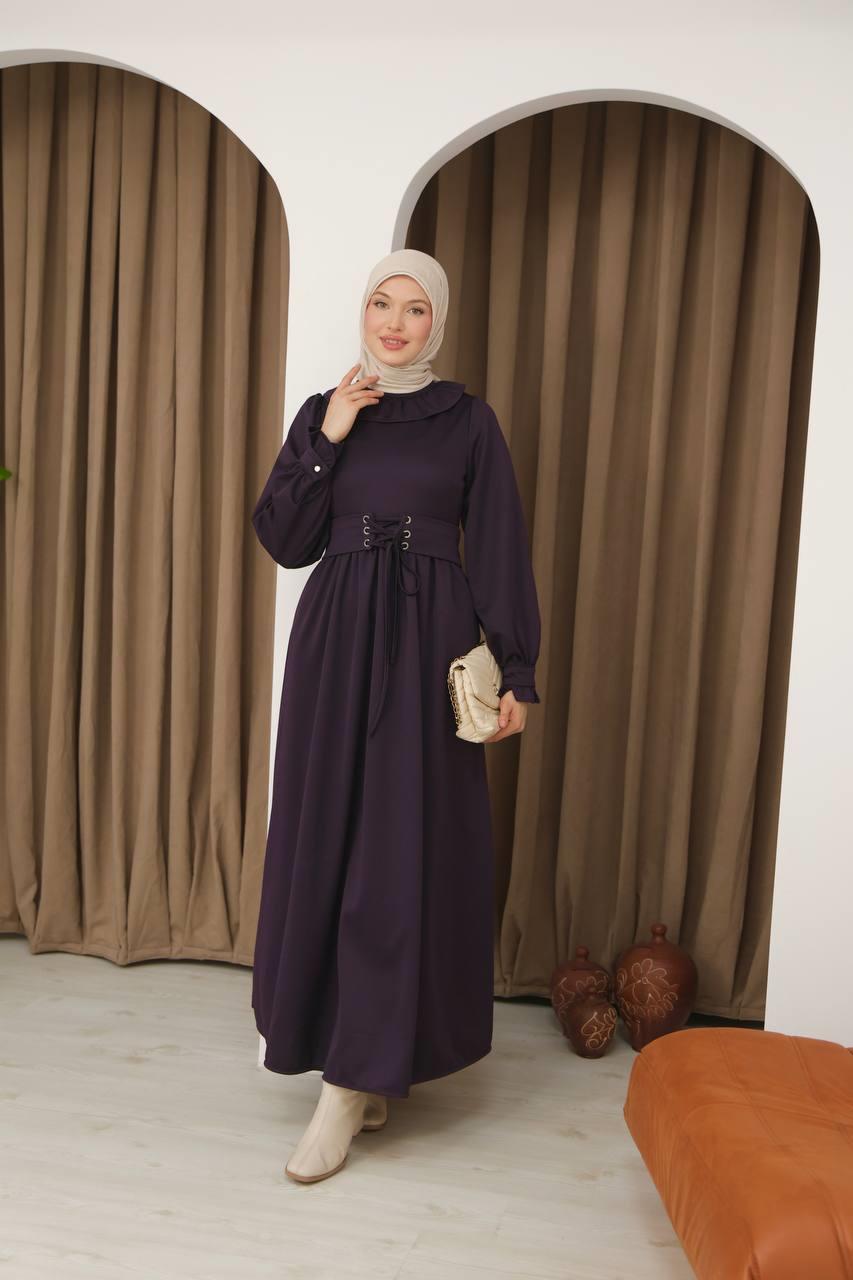 7070 Korse kemerli elbise - Mürdüm