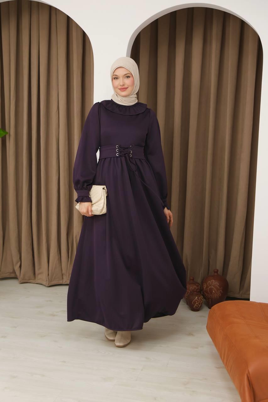 7070 Korse kemerli elbise - Mürdüm