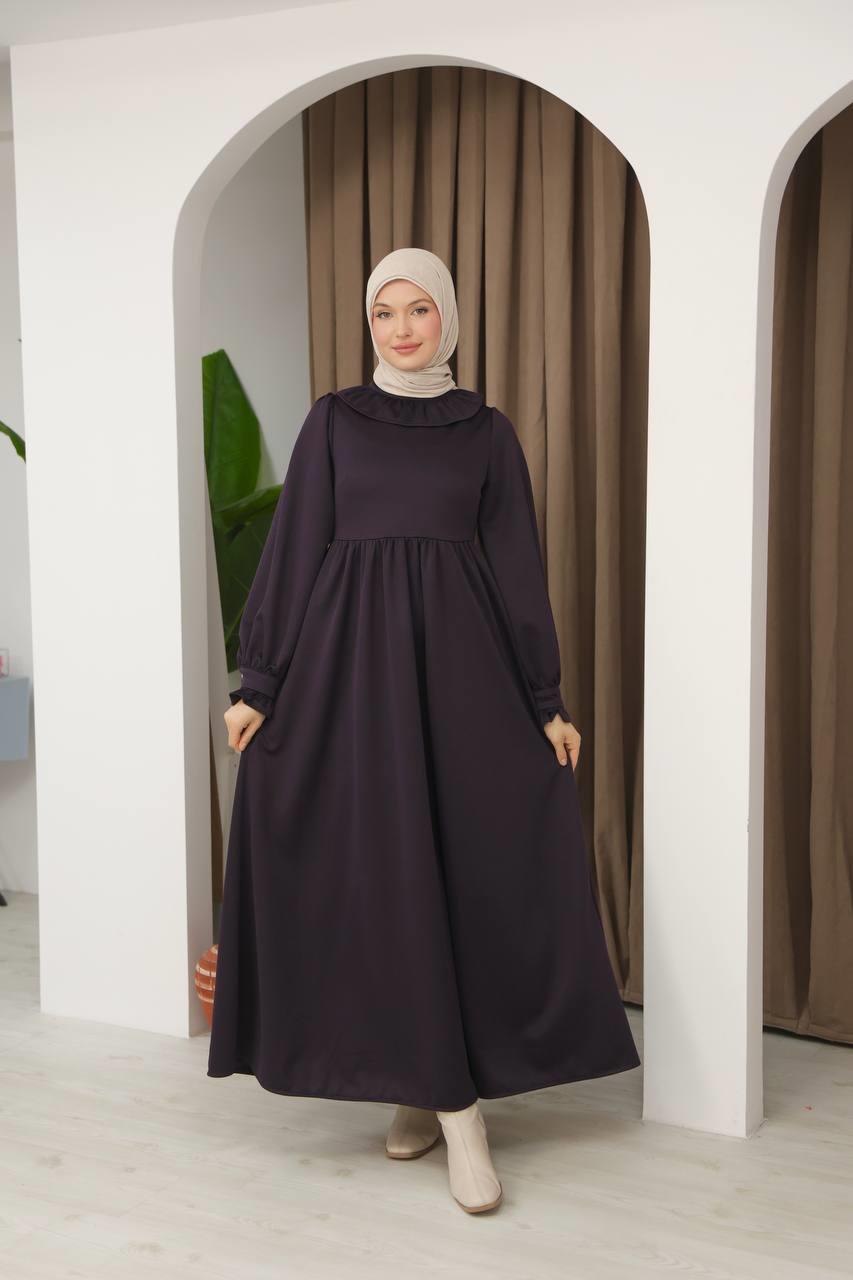 7070 Korse kemerli elbise - Mürdüm