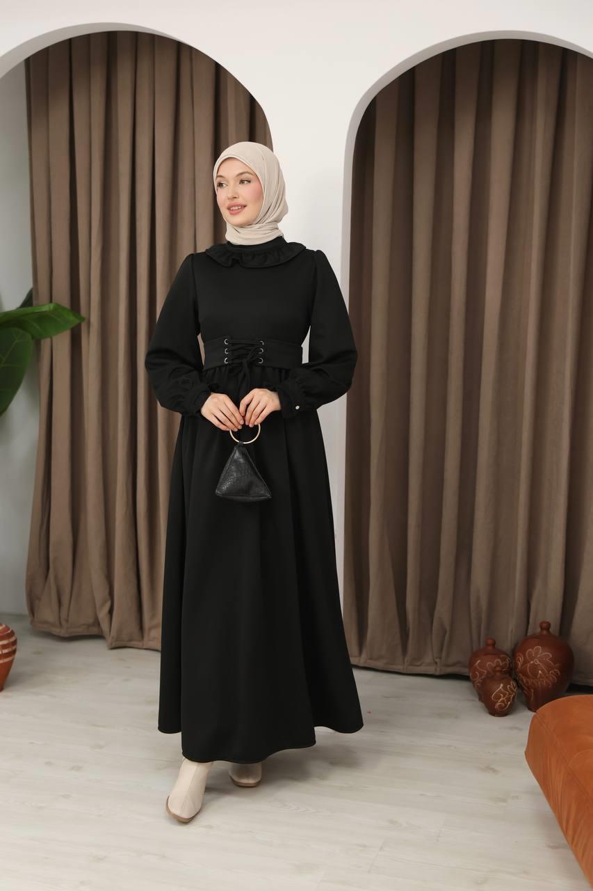 7070 Korse kemerli elbise - Siyah