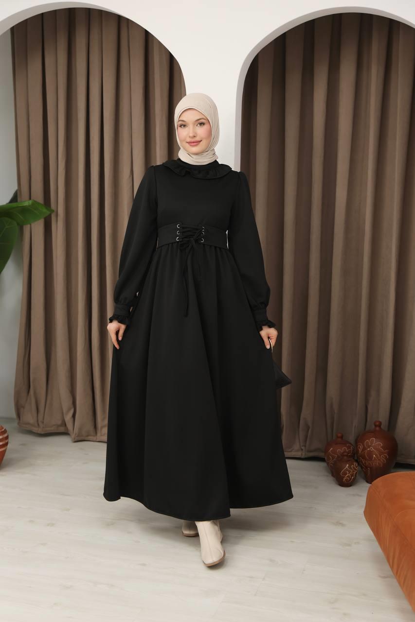 7070 Korse kemerli elbise - Siyah