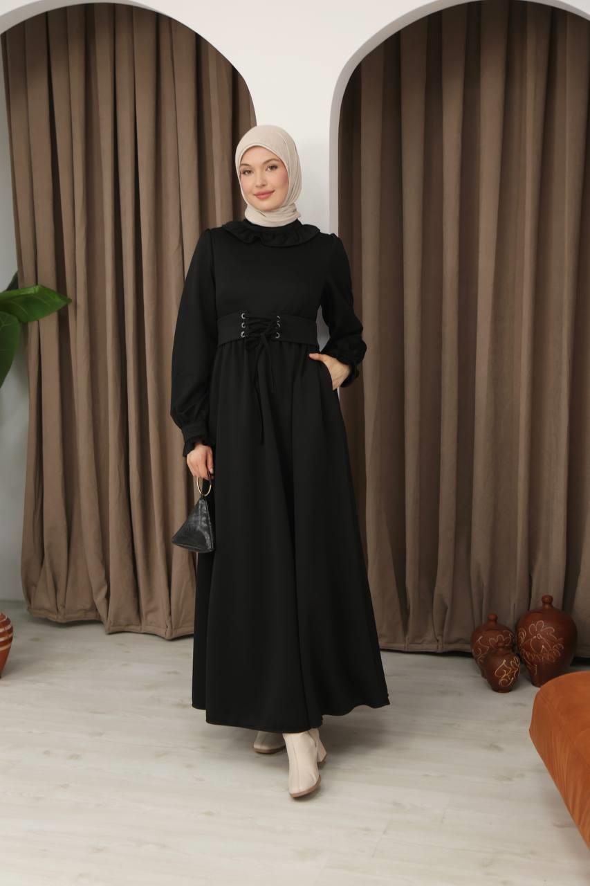 7070 Korse kemerli elbise - Siyah