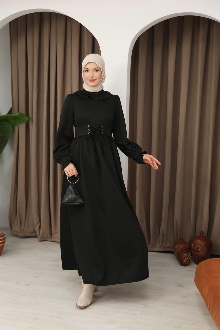 7070 Korse kemerli elbise - Siyah