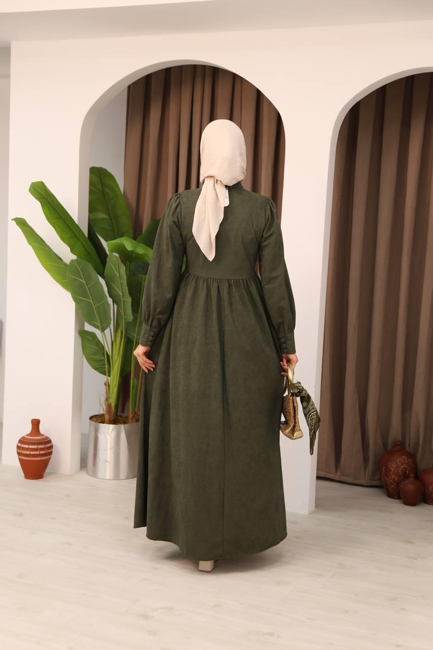 7072 Süet Düğmeli Elbise - Haki