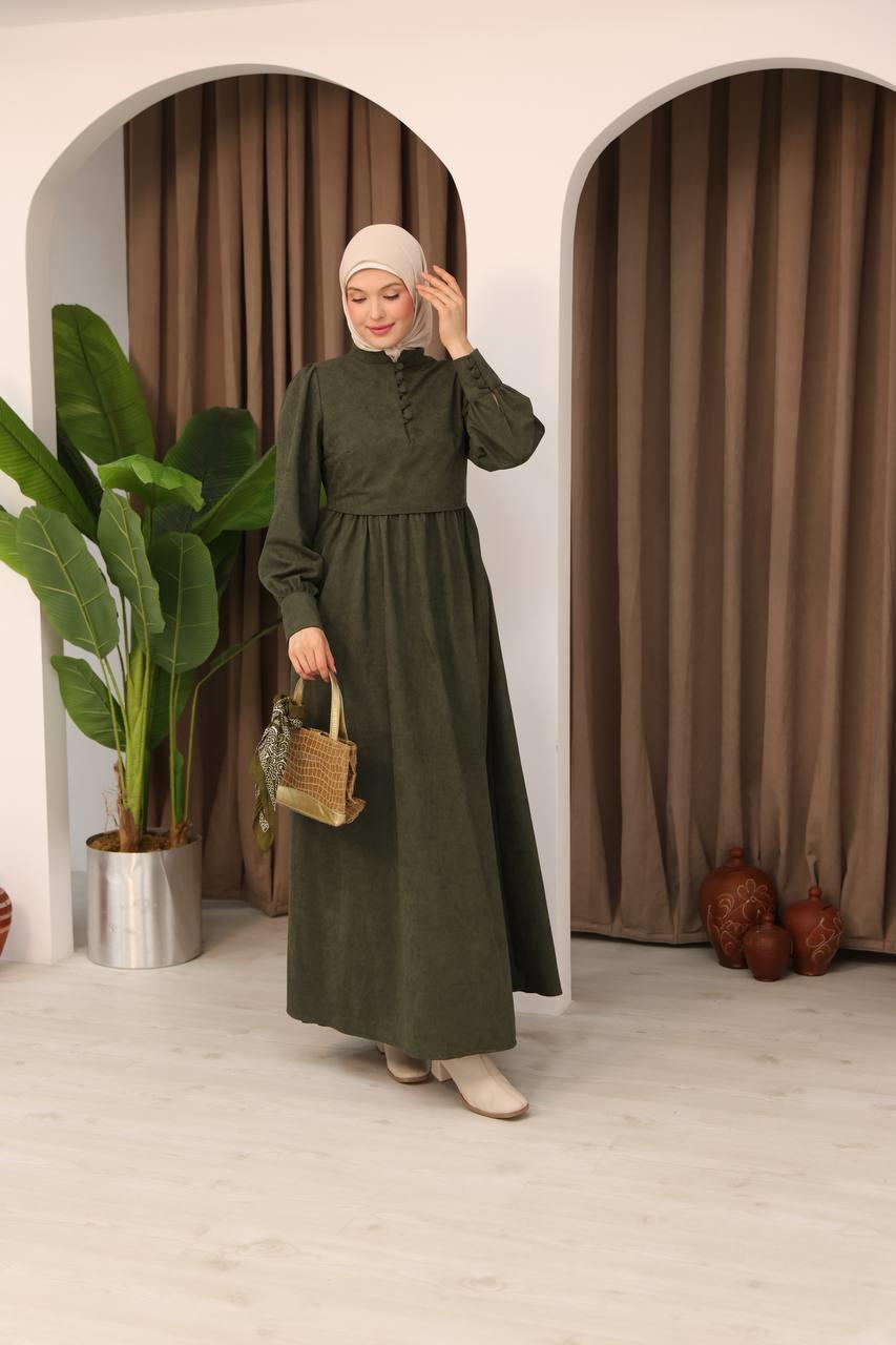 7072 Süet Düğmeli Elbise - Haki