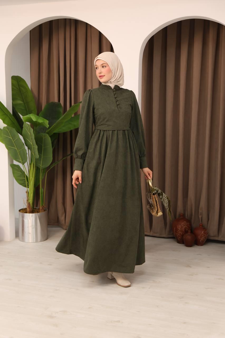 7072 Süet Düğmeli Elbise - Haki