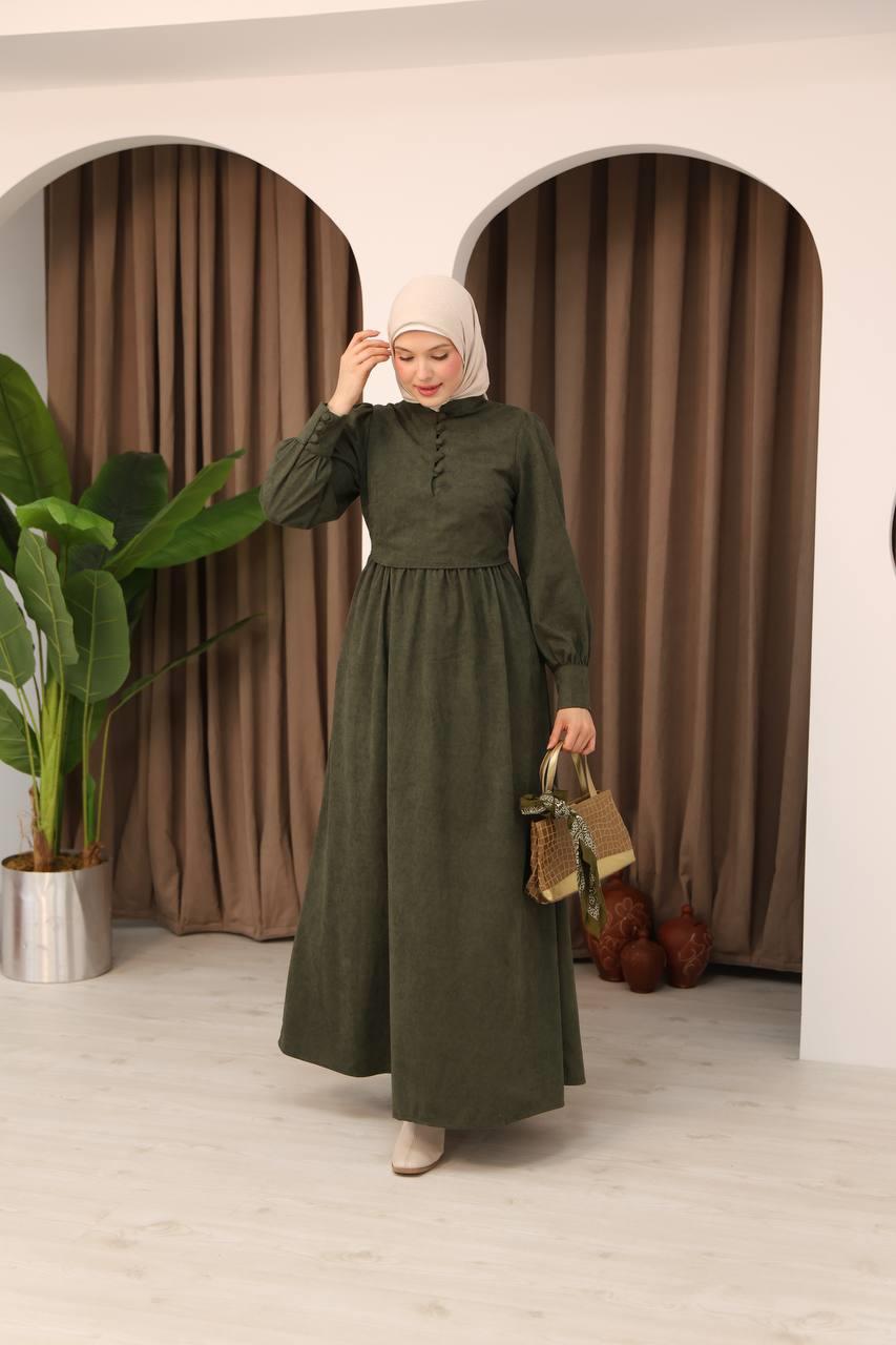 7072 Süet Düğmeli Elbise - Haki