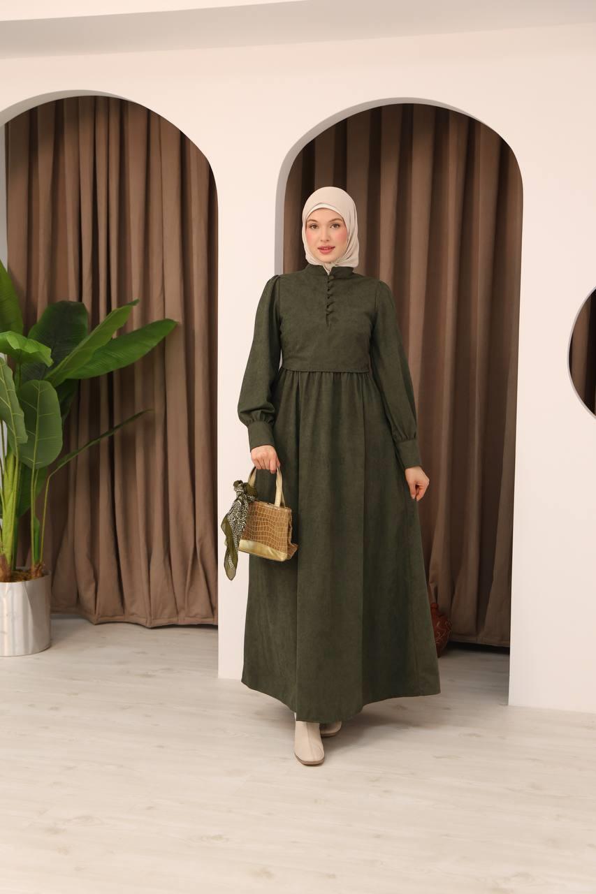 7072 Süet Düğmeli Elbise - Haki
