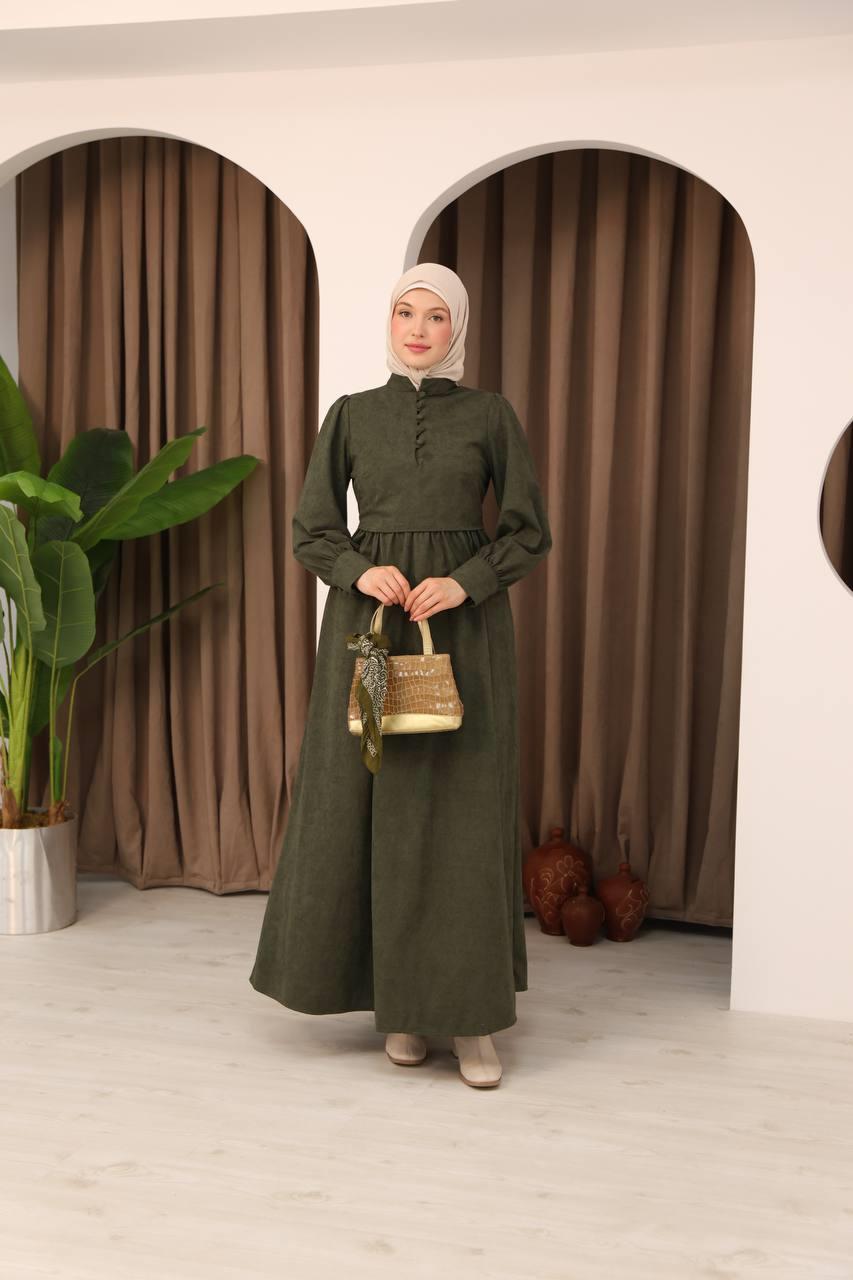 7072 Süet Düğmeli Elbise - Haki