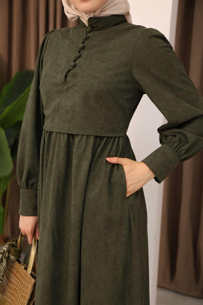 7072 Süet Düğmeli Elbise - Haki