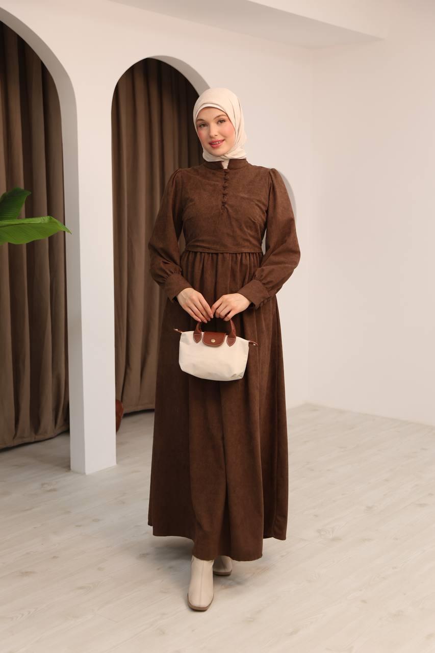 7072 Süet Düğmeli Elbise - Kahverengi