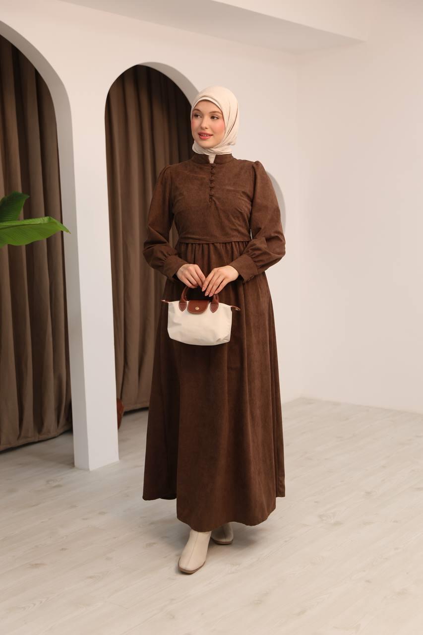 7072 Süet Düğmeli Elbise - Kahverengi