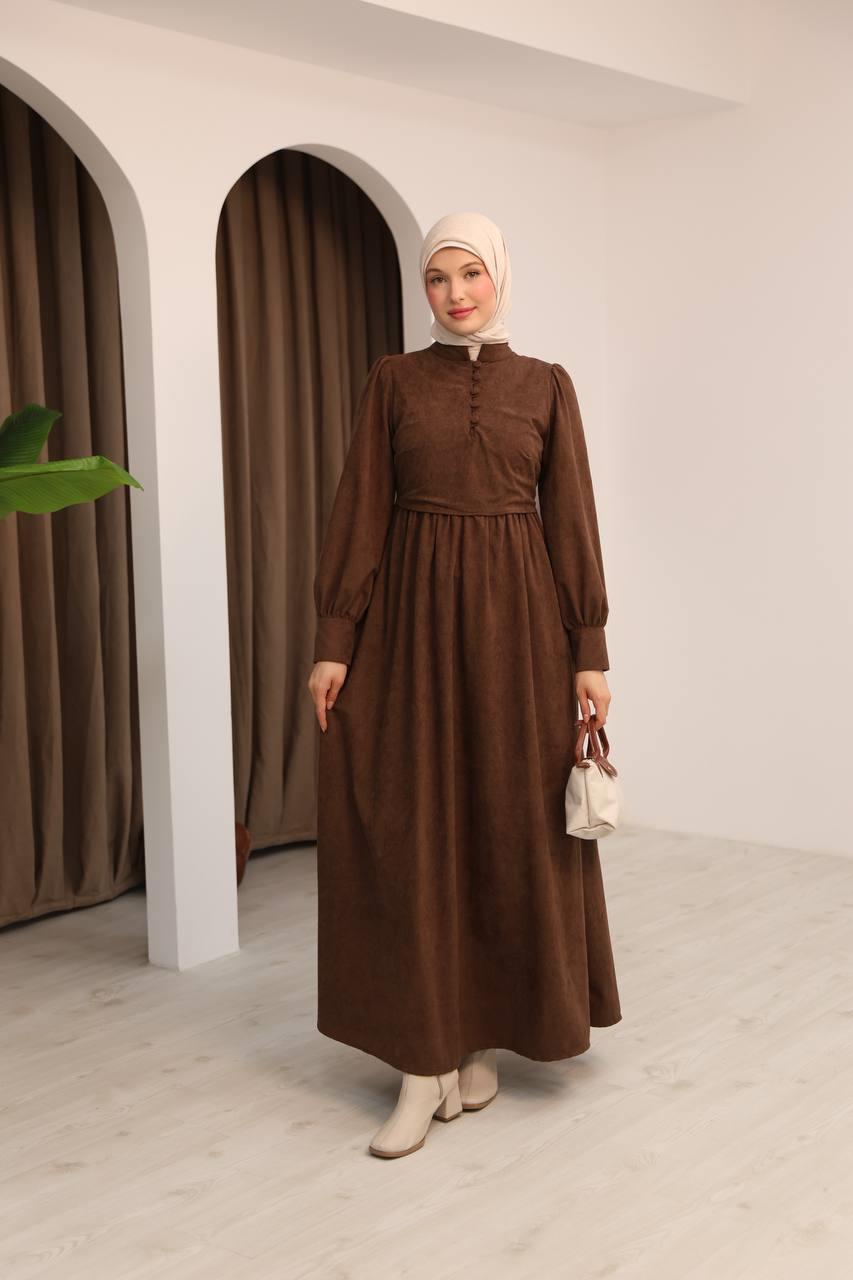 7072 Süet Düğmeli Elbise - Kahverengi