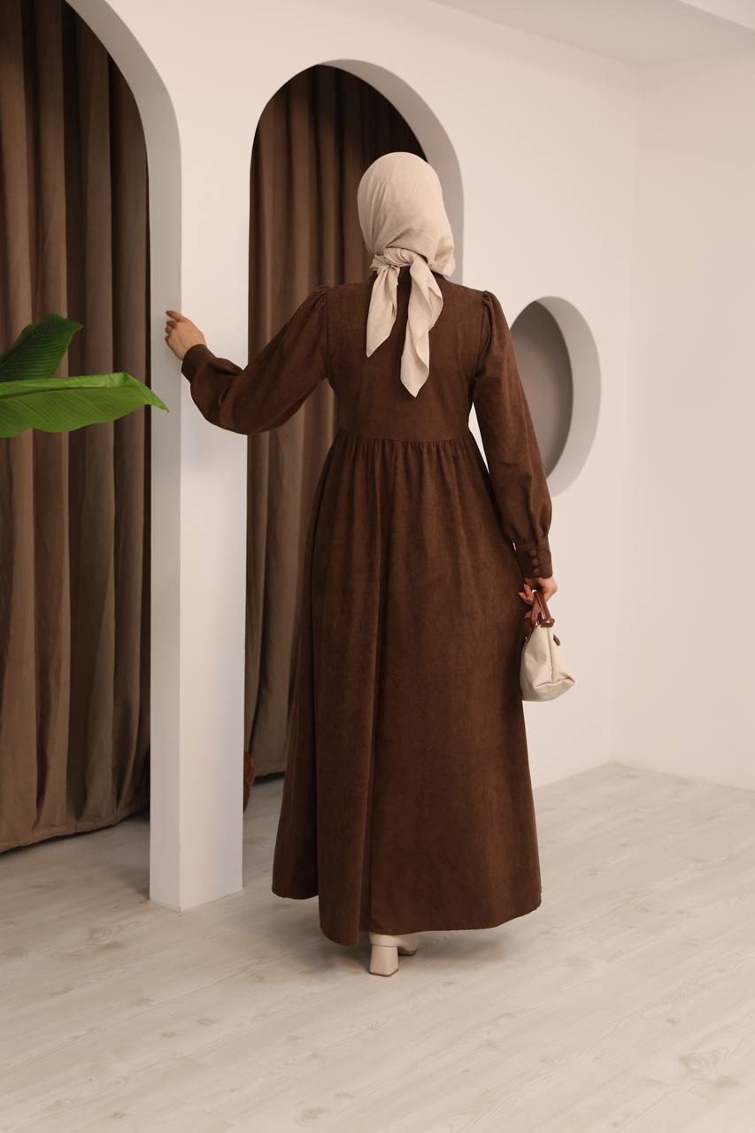 7072 Süet Düğmeli Elbise - Kahverengi