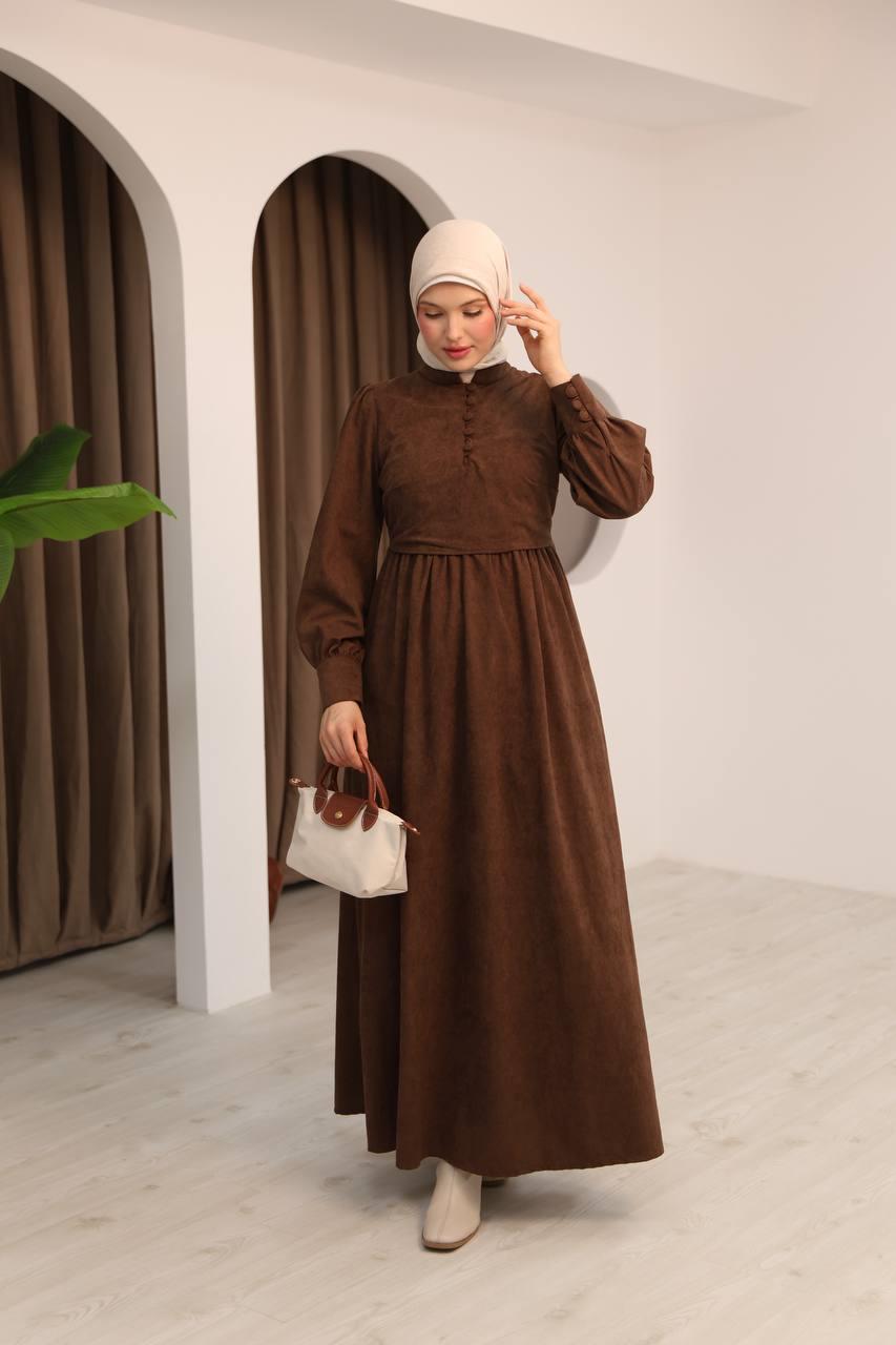 7072 Süet Düğmeli Elbise - Kahverengi