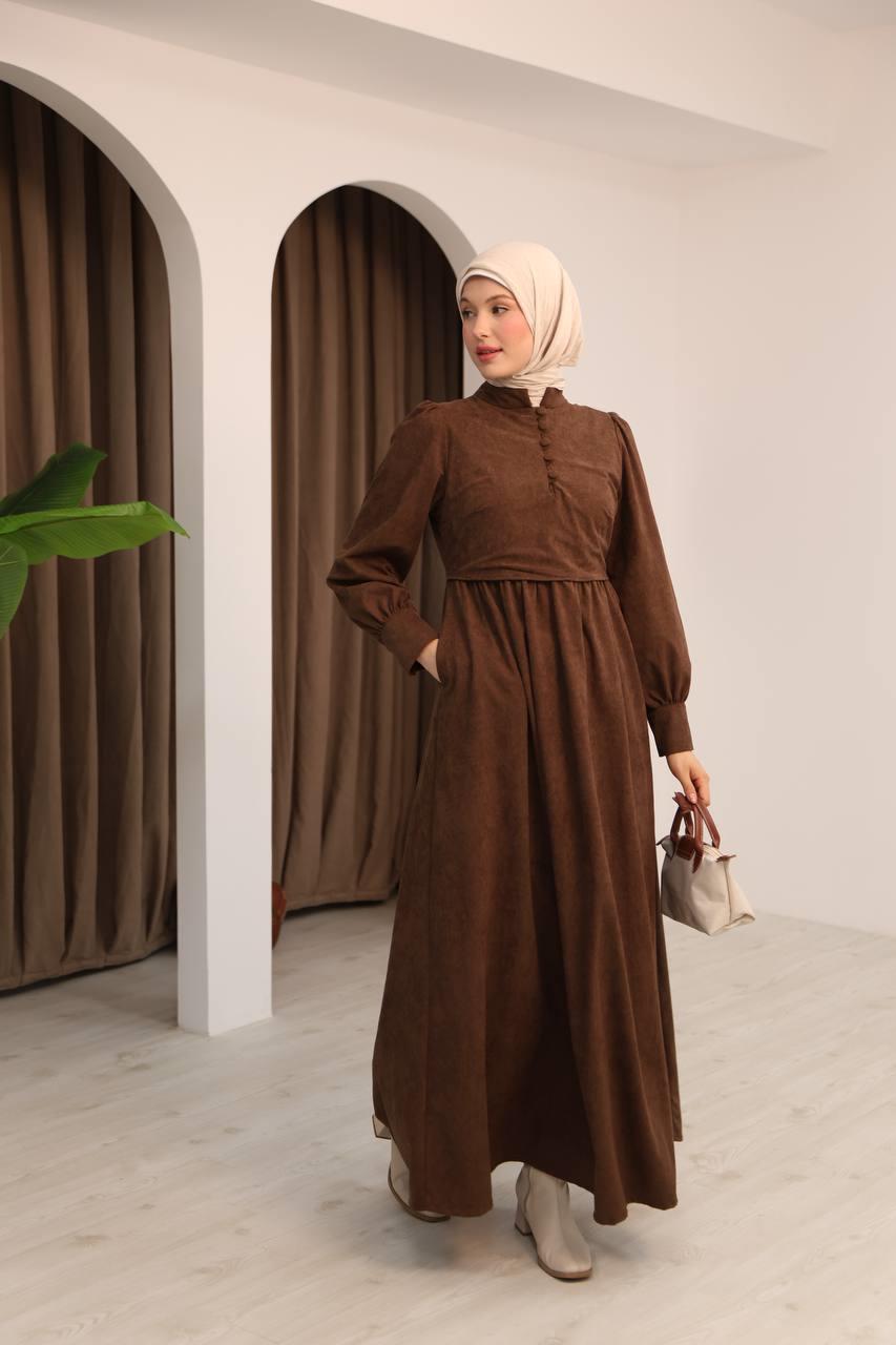 7072 Süet Düğmeli Elbise - Kahverengi