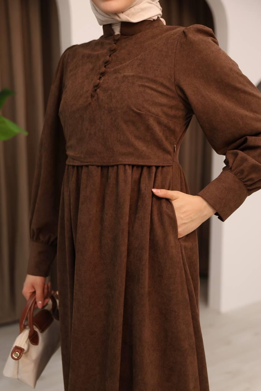 7072 Süet Düğmeli Elbise - Kahverengi