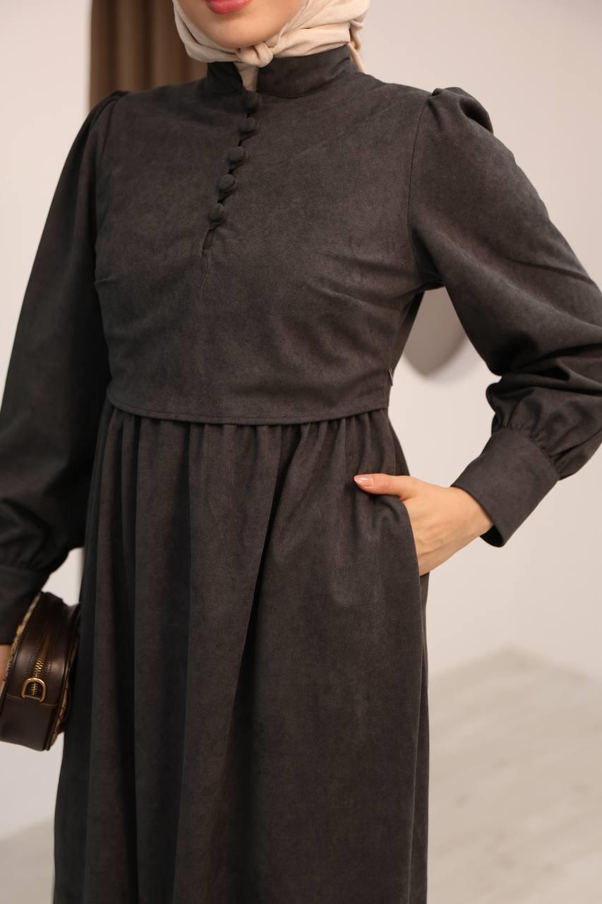 7072 Süet Düğmeli Elbise - Koyu Gri