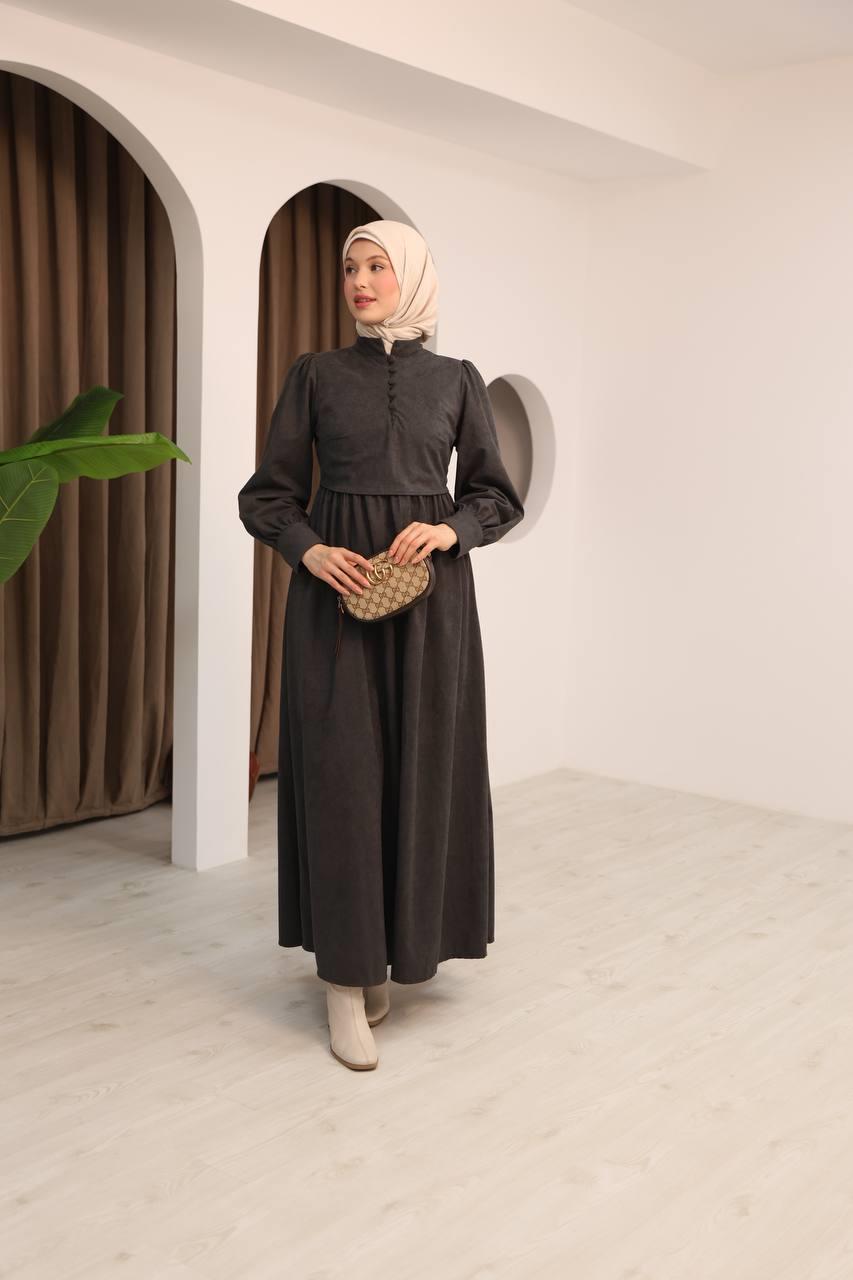 7072 Süet Düğmeli Elbise - Koyu Gri