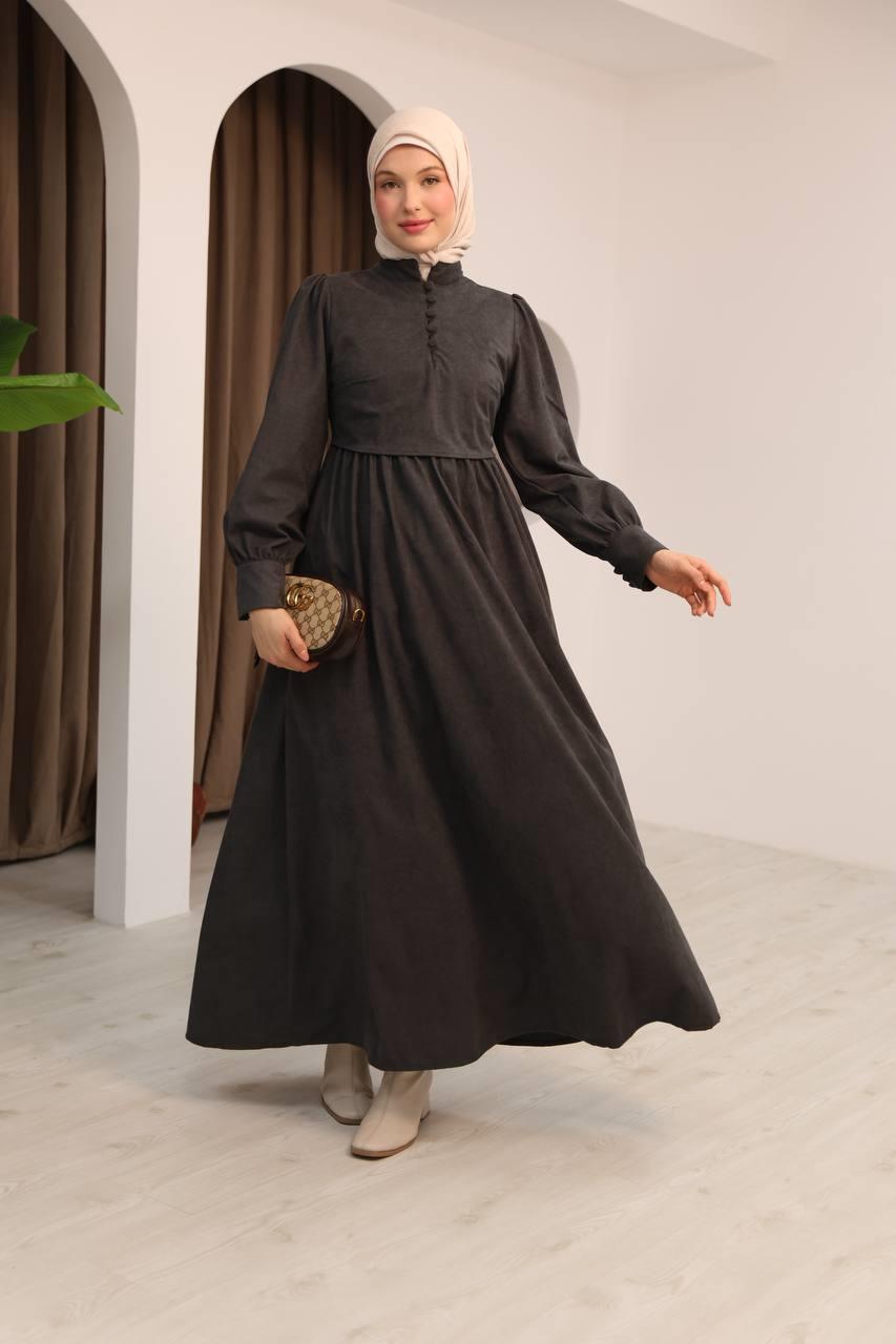 7072 Süet Düğmeli Elbise - Koyu Gri